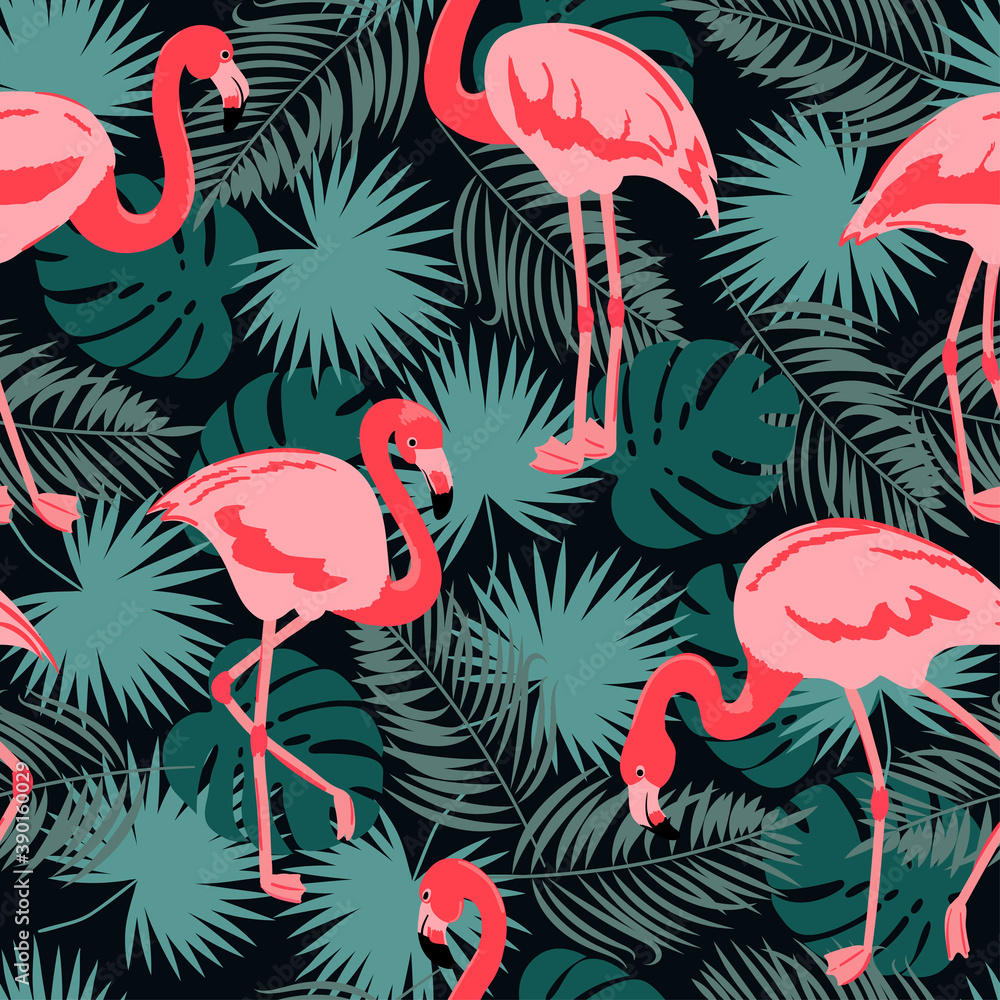 Fototapeta premium Seamless tropical pattern with beautiful flamingo. 