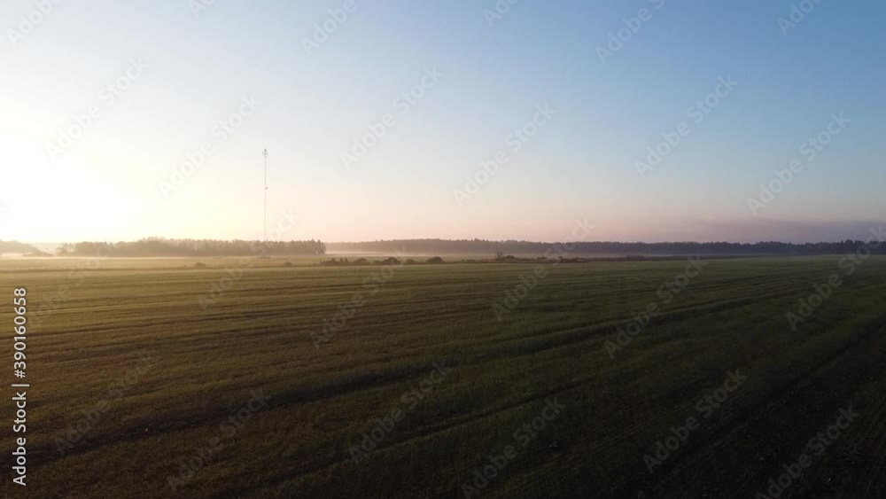 Early sunny morning while the drone is flying over beautiful and green agriculture field with crops and sunshine rising from above the tree line. Huge telecommunication tower in the distance. Early sunny morning while the drone is flying over beautiful and green agriculture field with crops and sunshine rising from above the tree line. Huge telecommunication tower in the distance.