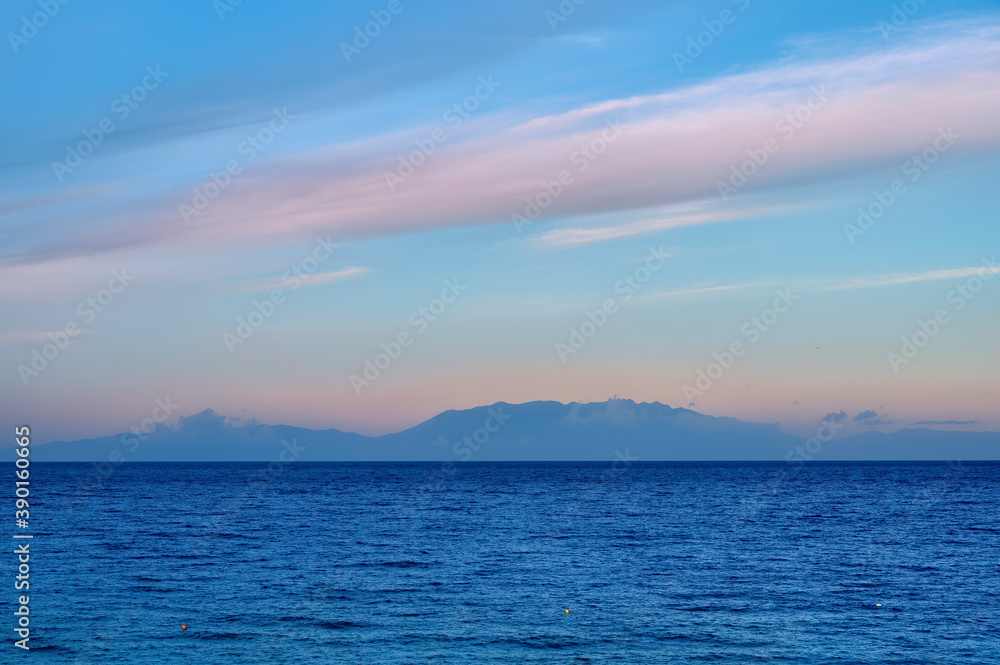 Blue sea in the morning in Fourka Scala, Halkidiki, Greece