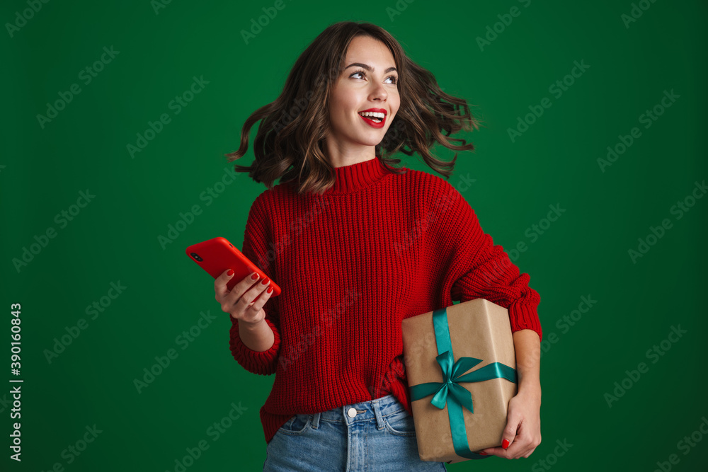 Beautiful joyful nice girl posing with Christmas gift and cellphone Beautiful joyful nice girl posing with Christmas gift and cellphone