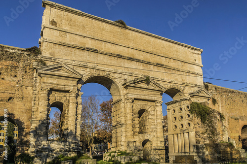 View of Aurelian Walls. Aurelian Walls built in 3rd century C.E., stretching 12 miles around the boundaries of city. All of Rome seven hills are inside boundaries of old walls. Rome, Italy. photo