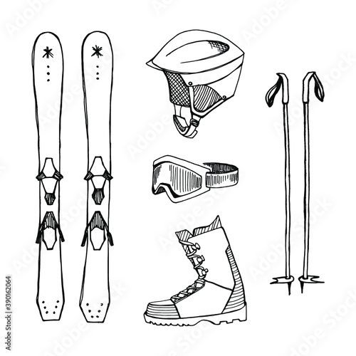 Winter sports equipment and wear/ Set of ski gear icons in sketchy style/ Hand drawn vector illustration