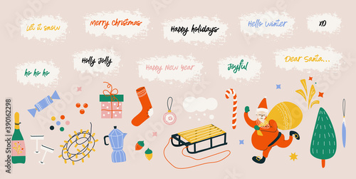 Merry Christmas and Happy New Year. Bright vector flat Christmas set of elements in cartoon style and holiday phrases. Santa Claus, Christmas tree, toys, sleigh, garland, fireworks, champagne. 