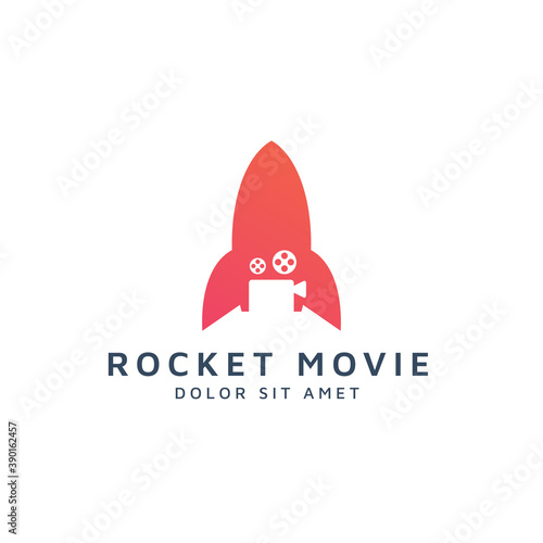 rocket and movie negative space logo design