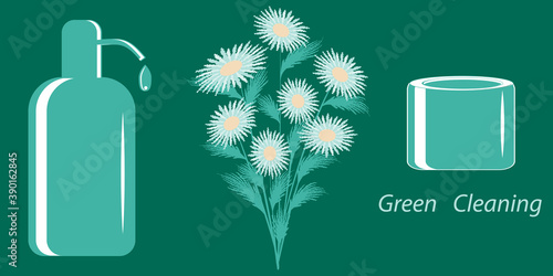 Green ecological cleaning. Dosimeter, paste in a jar, flowers - mint tones, vector. Eco natural cleaning products. Zero waste lifestyle.