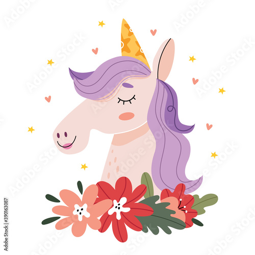 The unicorn smiles around the stars and hearts.Illustration for children's book. Cute Poster.Simple illustration.