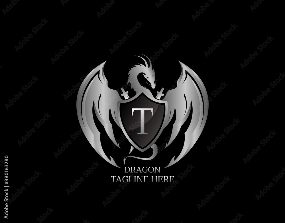 Silver Dragon Shield with T Letter Design Logo Template.