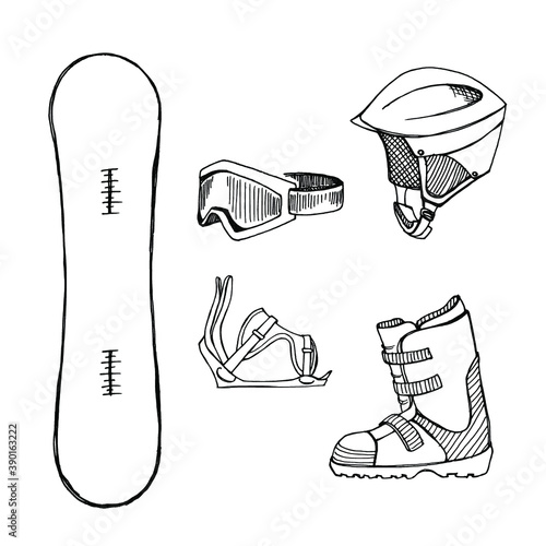Winter sports equipment and wear/ Snowboard gear icons in sketchy style/ Hand drawn vector illustration