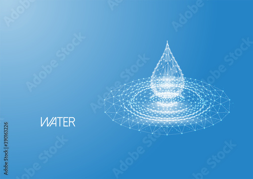 Futuristic low polygonal water drop with splash ripples made of lines, dots on blue.