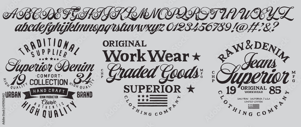 Vector illustration on a theme of American jeans, denim and raw. Vintage design.