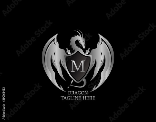 Silver Dragon Shield with M Letter Design Logo Template.