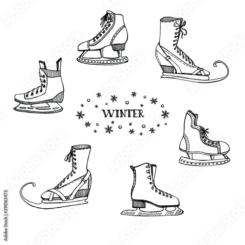 Winter sports equipment and wear/ Set of ice and figure skates icons in sketchy style/ Hand drawn vector illustration