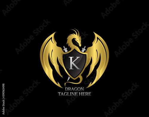 Gold Dragon Shield with K Letter Design Logo Template.