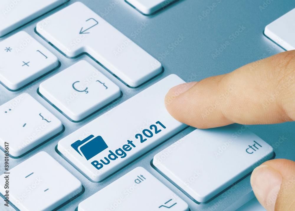 Fototapeta premium Budget 2021 - Inscription on Blue Keyboard Key.