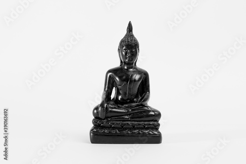 Black Indian Buddha sculpture on a white background.