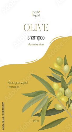 Vector illustration concept of packaging for shampoo based on olive. Olive branch label design in cartoon style