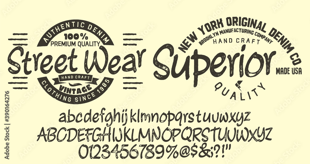 Fototapeta premium Vector illustration on a theme of American jeans, denim and raw. Vintage design.