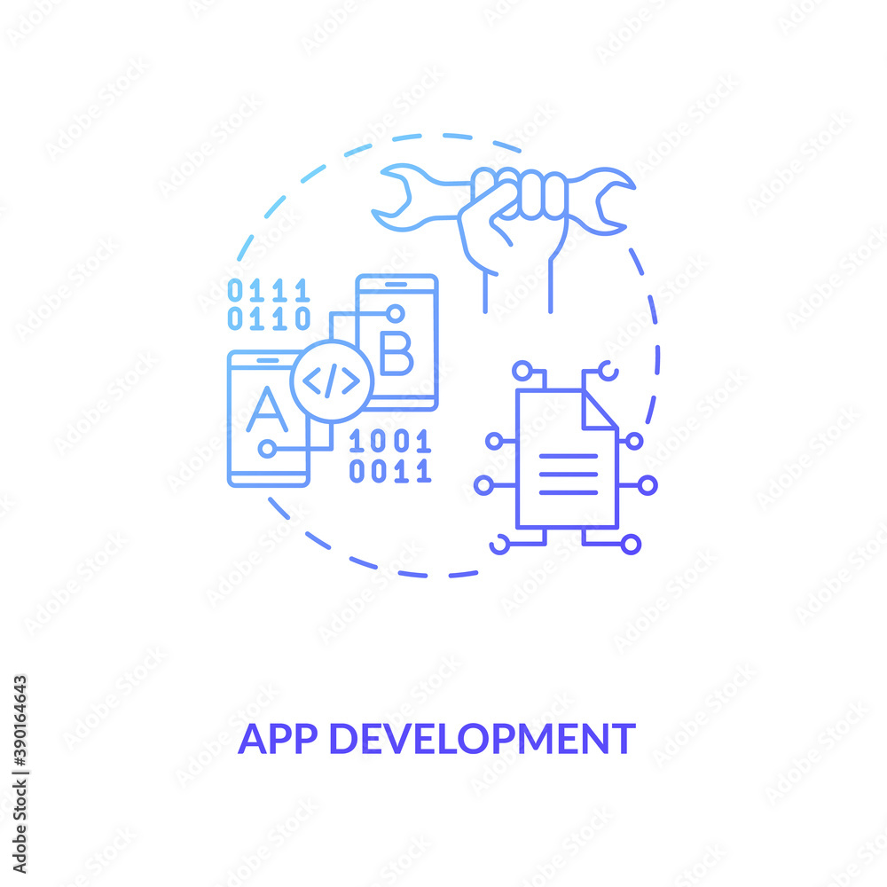 App development concept icon. Mobile app development process. New modern application creation planning activity idea thin line illustration. Vector isolated outline RGB color drawing App development concept icon. Mobile app development process. New modern application creation planning activity idea thin line illustration. Vector isolated outline RGB color drawing