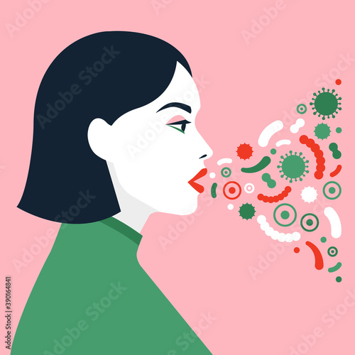 Female character sneezing and coughing. Vector illustration in a flat style