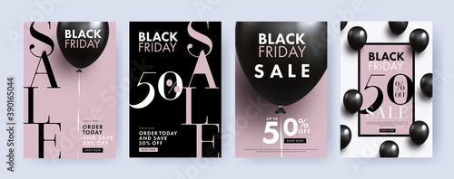 Black Friday Sale. Poster Set in black and pink beige colors with 3d realistic helium balloons and modern typography. 50% off sale. Fashion Template for print, advertising, social and fashion ads.
