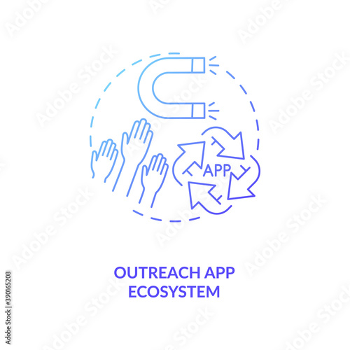 Outreach app ecosystem concept icon. App marketing tips. Reach your target clients. Getting new users on your platform idea thin line illustration. Vector isolated outline RGB color drawing