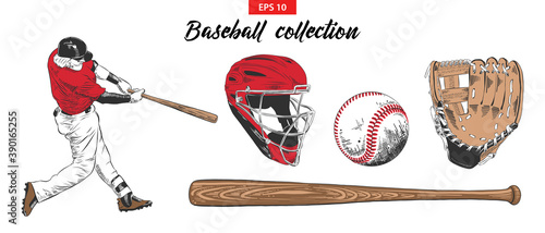 Vector engraved style illustration for posters, decoration. Hand drawn sketch set of baseball player, helmet, glove, ball and bat isolated on white background. Detailed vintage etching drawing.