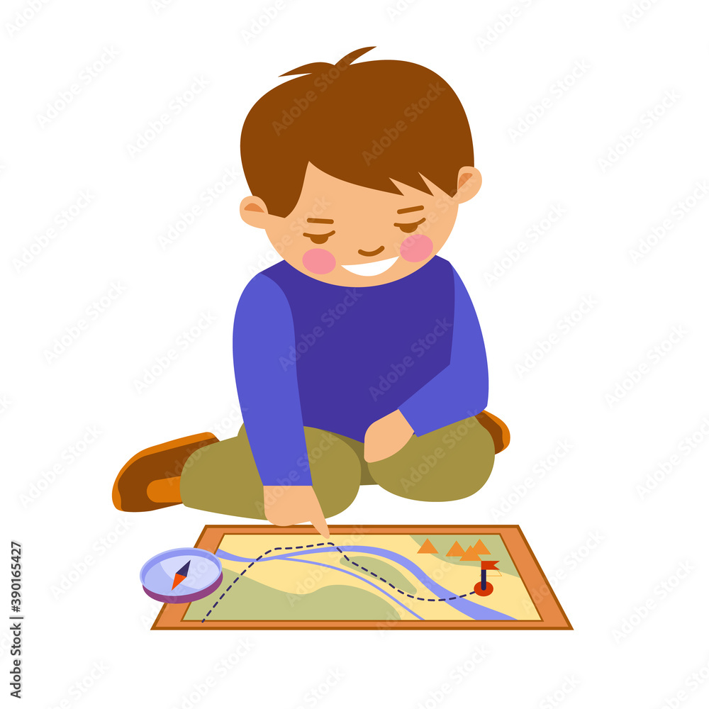 Boy with a map and compass. Vector illustration in flat style. Isolated on white. Boy with a map and compass. Vector illustration in flat style. Isolated on white.
