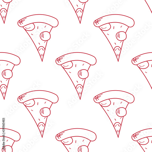 A seamless pattern with slices of pizza. Red outline. Food wrapping paper print. 