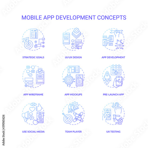 Mobile app development concept icons set. Strong team work creation. Testing of application user experience idea thin line RGB color illustrations. Vector isolated outline drawings. Editable stroke