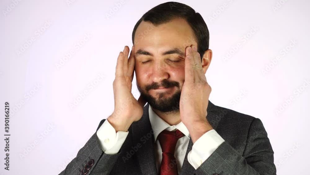 Handsome Man in Business Suit and White Shirt Have Pain in His Temples on White Background. Handsome Man in Business Suit and White Shirt Have Pain in His Temples on White Background.