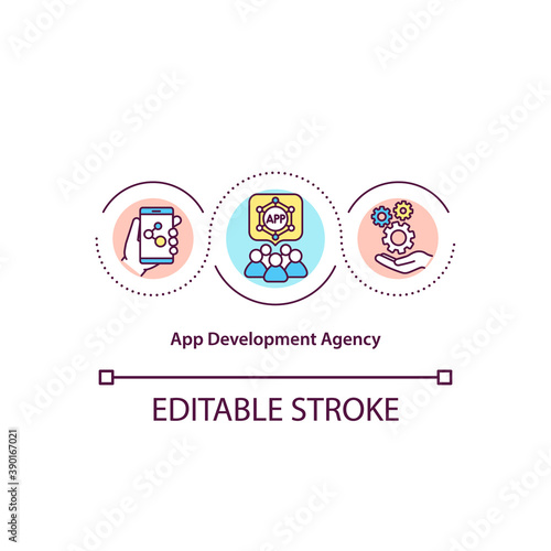 App development agency concept icon. Digital products discovery studio. Developers team idea thin line illustration. Vector isolated outline RGB color drawing. Editable stroke.