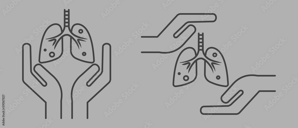 Hands holding lungs. Outline thin line icon. Isolated. Hands holding lungs. Outline thin line icon. Isolated.