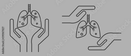Hands holding lungs. Outline thin line icon. Isolated. 