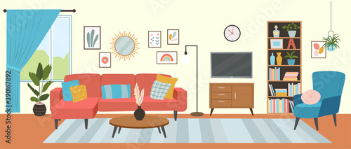 Living room interior. Comfortable sofa, TV,  window, chair and house plants. Vector flat style illustration