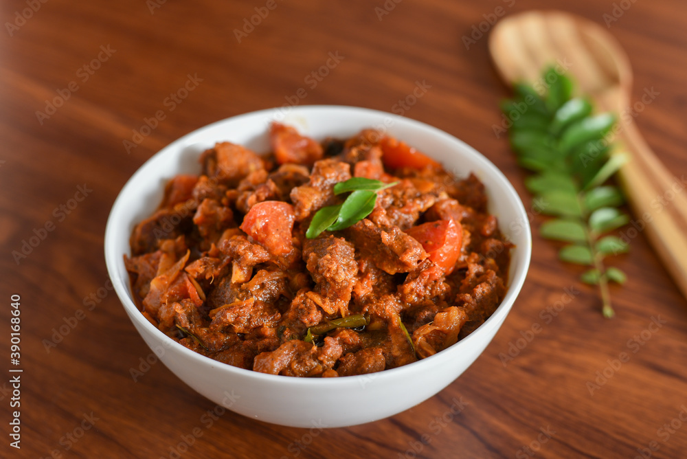 Naklejka spicy beef curry. Goan style beef vindaloo. Traditional Indian