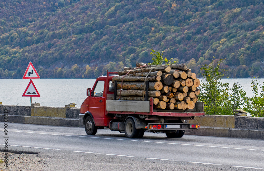 Small truck carrying wood - logs. Deforestation - concept