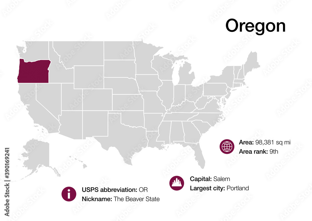 Map of  Oregon state with political demographic information and biggest cities