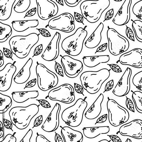 Seamless pattern with pears fruits and leaves. Graphic hand drawn engraving style. Doodle illustration for packaging, menu cards, posters, prints.
