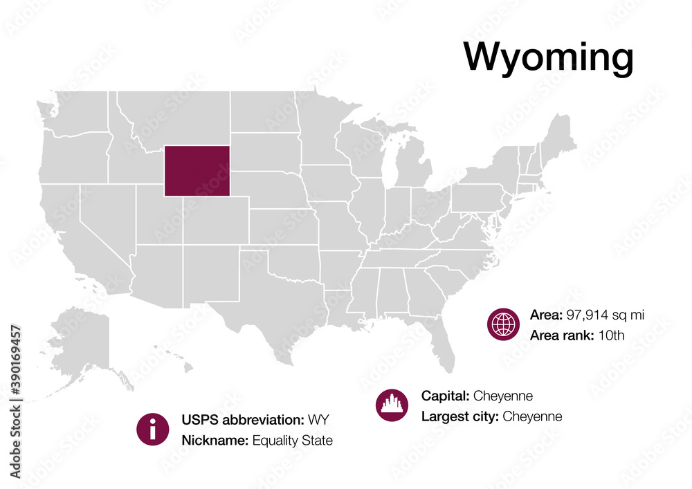 Map of Wyoming state with political demographic information and biggest cities