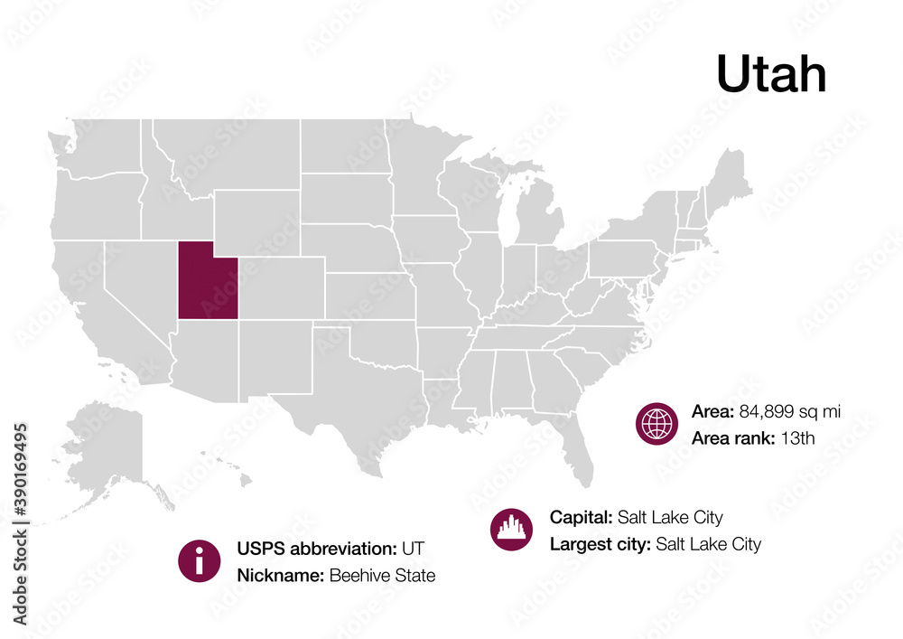 Map of Utah state with political demographic information and biggest cities
