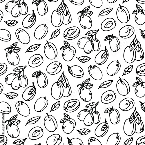 Seamless pattern with plums berry and leaves. Graphic hand drawn engraving style. Doodle illustration for packaging, menu cards, posters, prints.