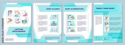 Lactose intolerance brochure template. Dairy alternatives. Flyer, booklet, leaflet print, cover design with linear icons. Vector layouts for magazines, annual reports, advertising posters photo