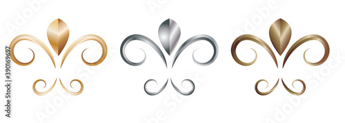 Fleur de lis graphic flourish elements.  Gold, bronze and silver. Vector illustration isolated over white
