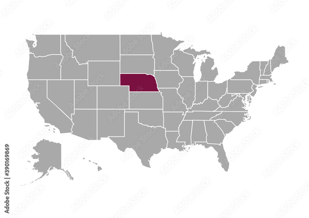 Map of Nebraska state and position in the United States