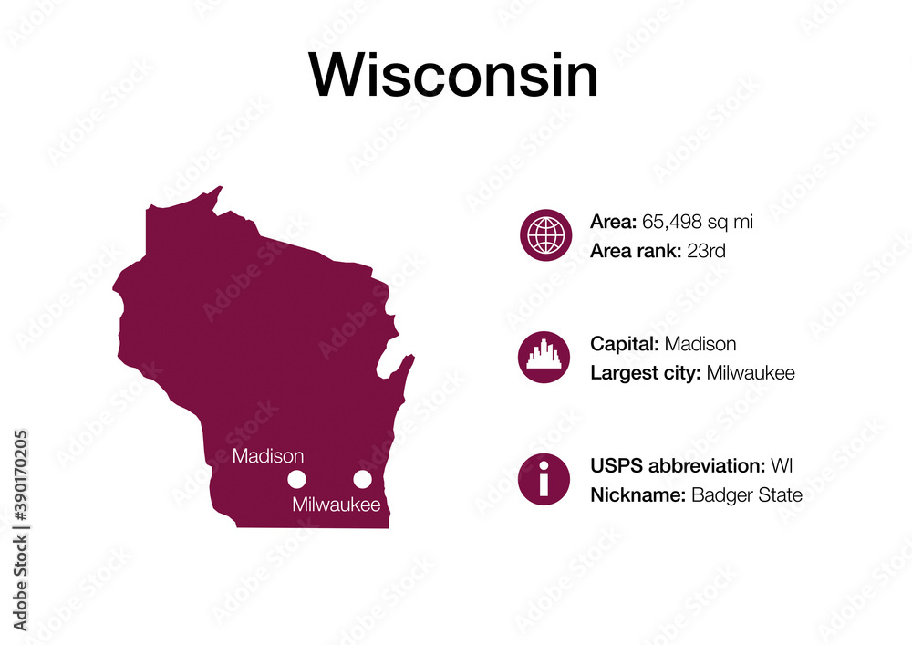 Map of Wisconsin state with political demographic information and biggest cities