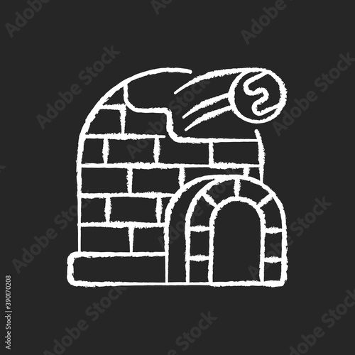 Snow fort chalk white icon on black background. Ice construction. Arctic igloo, icehouse. Winter season building. Frozen fortress. Christmastide shelter. Isolated vector chalkboard illustration