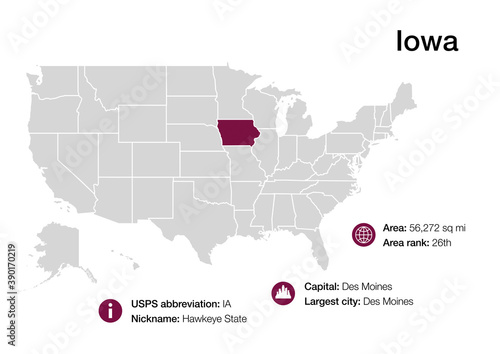 Map of Iowa state with political demographic information and biggest cities