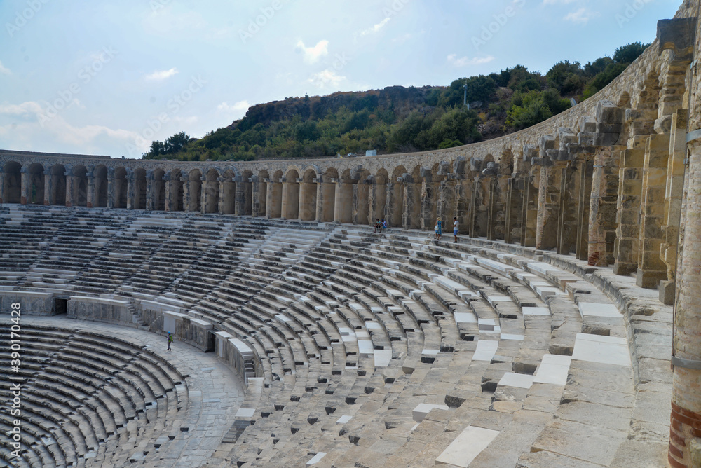 Aspendos, Antalya, Turkey, September 2017: Panorama photo of Aspendos Ancient Theater in Antalya, Turkey