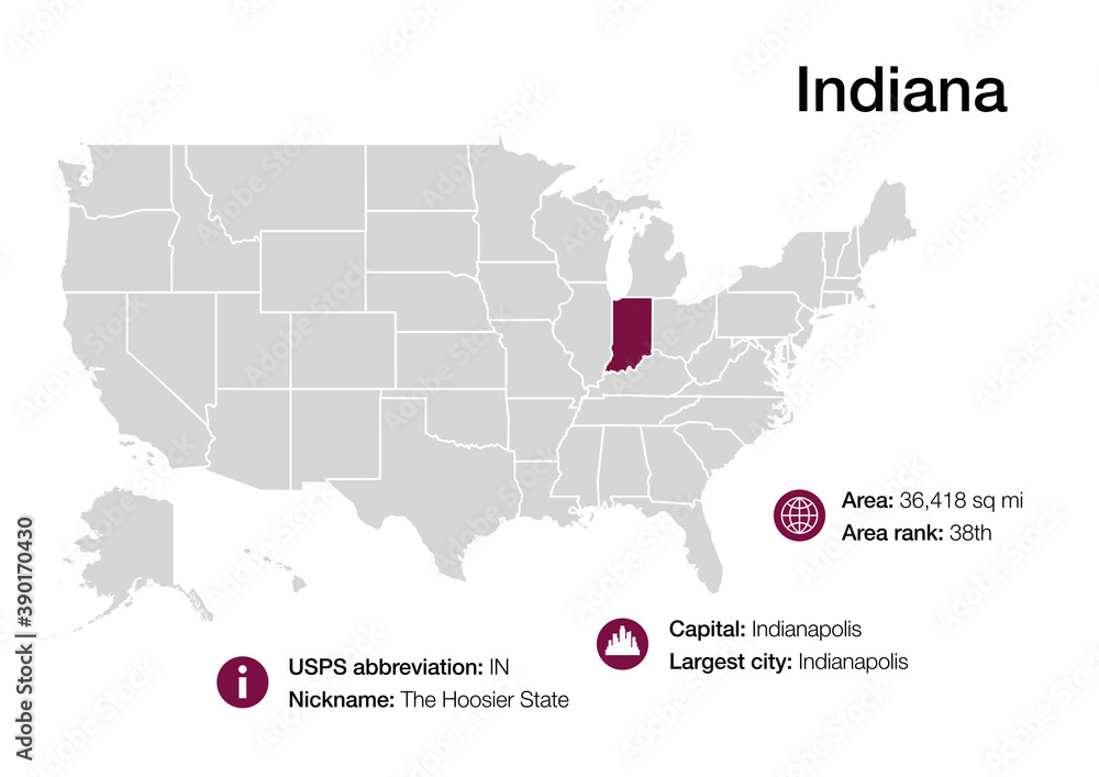 Map of Indiana state with political demographic information and biggest cities
