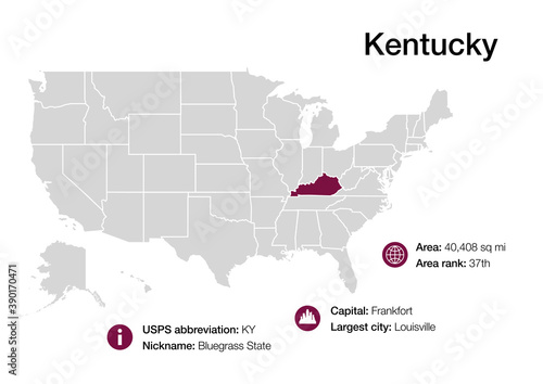 Map of Kentucky state with political demographic information and biggest cities